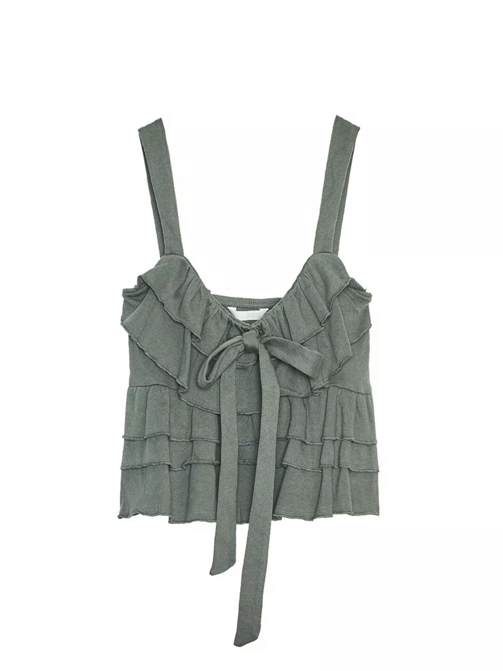 Zara Olive Green V-Neck Tiered Cotton Crop Top